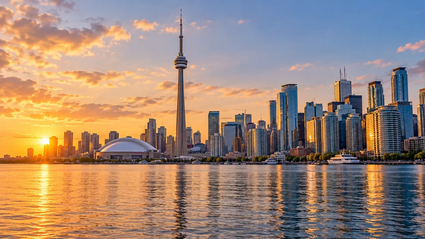 The Toronto skyline and CN Tower at sunset over Lake Ontario